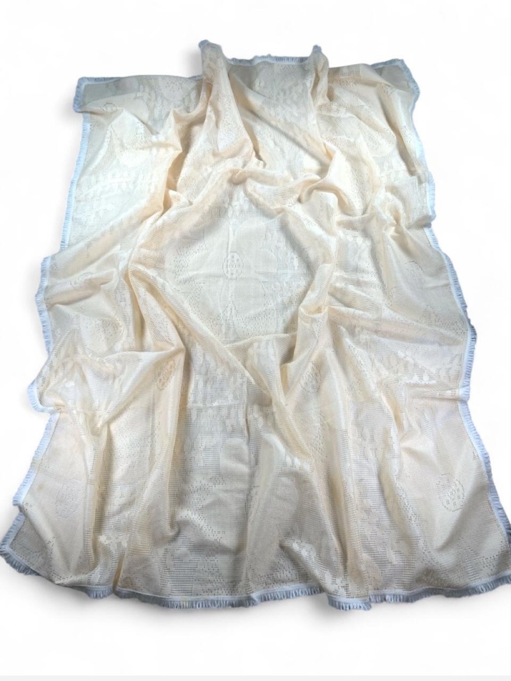 Vintage Floral Lace Tablecloth with Loop Fringe Retro 70s Neutral 61x71